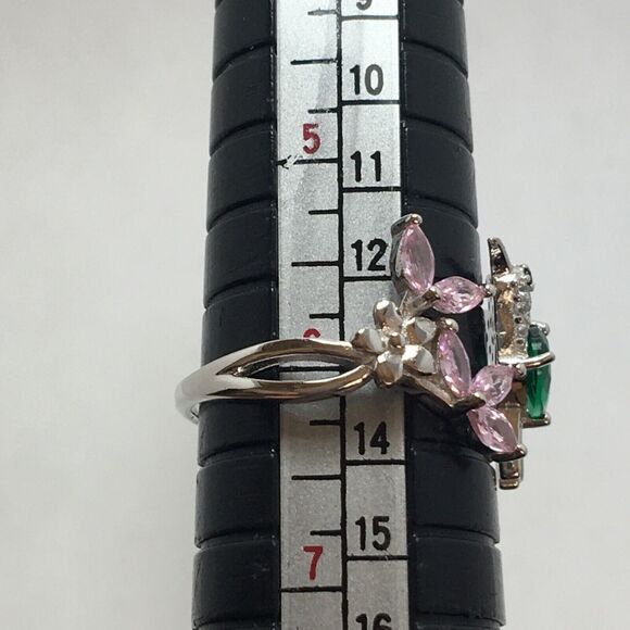 Sterling Silver Hummingbird Ring Adjustable Size 7 CZ Pink Flowers Green Body - Picture 3 of 16